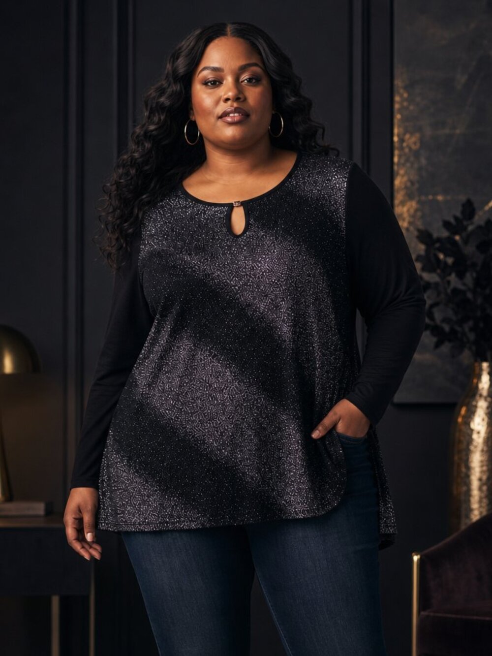 Notations Sparkle Keyhole Blouse – Size 2X Modern Glam Look